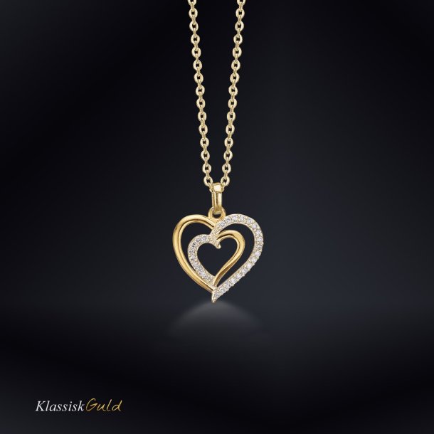 14 kt. Guldhjerte<br>dobbelt med 27 diamanter
